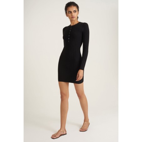 Value Edition Brantley Ribbed Henley Long Sleeve Sweater Dress in Black In Stock