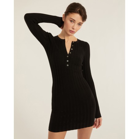 Value Edition Brantley Ribbed Henley Long Sleeve Sweater Dress in Black In Stock