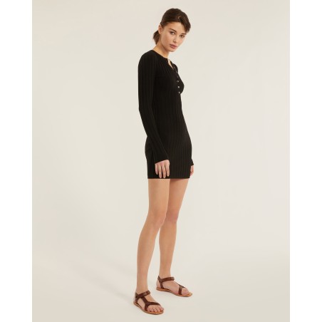 Value Edition Brantley Ribbed Henley Long Sleeve Sweater Dress in Black In Stock