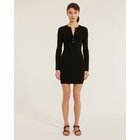 Value Edition Brantley Ribbed Henley Long Sleeve Sweater Dress in Black In Stock