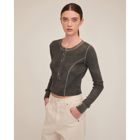 Value Edition Cropped Cotton Stretch Seamed Henley - Ash Immediate Availability